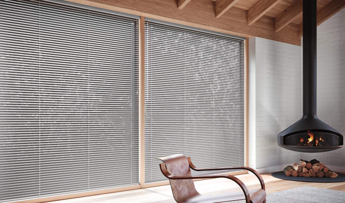 Hunter Douglas Modern Precious Metals® Mini Blinds on French doors near Spearfish, South Dakota (SD)