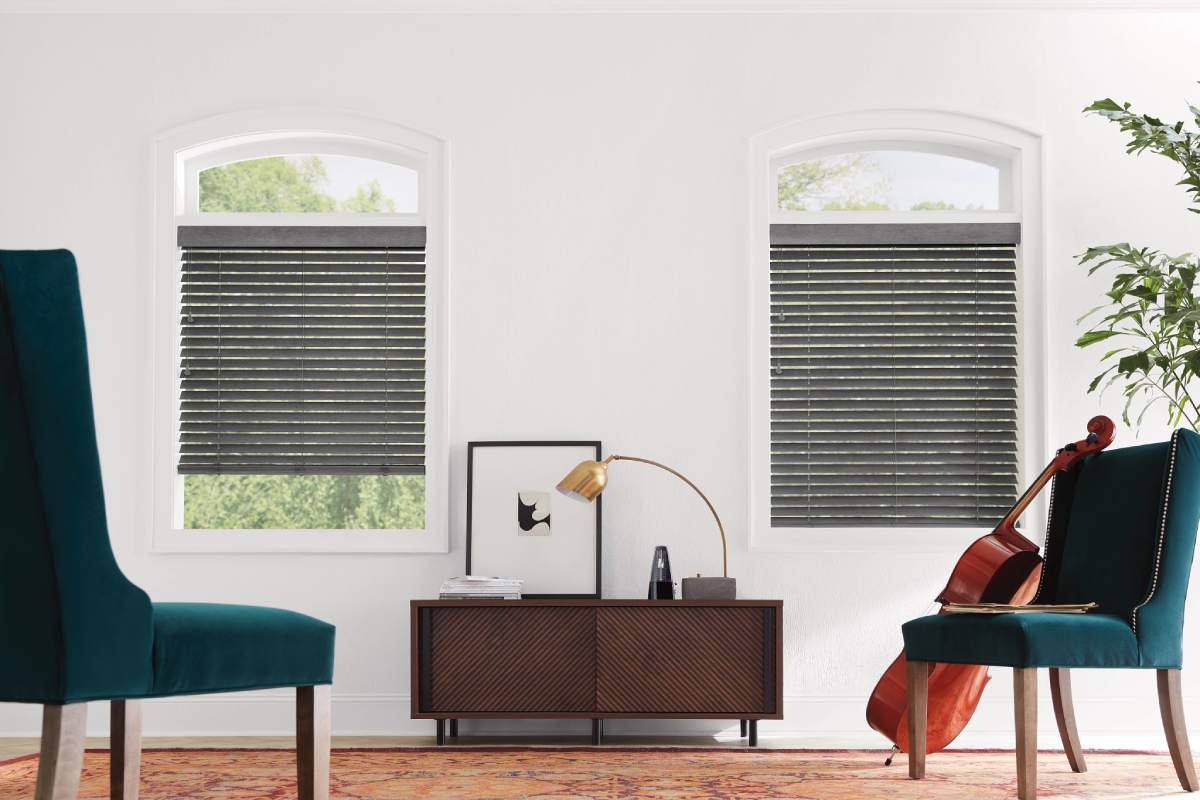 Hunter Douglas Parkland® Wood Blinds on a living room window near Spearfish, South Dakota (SD)