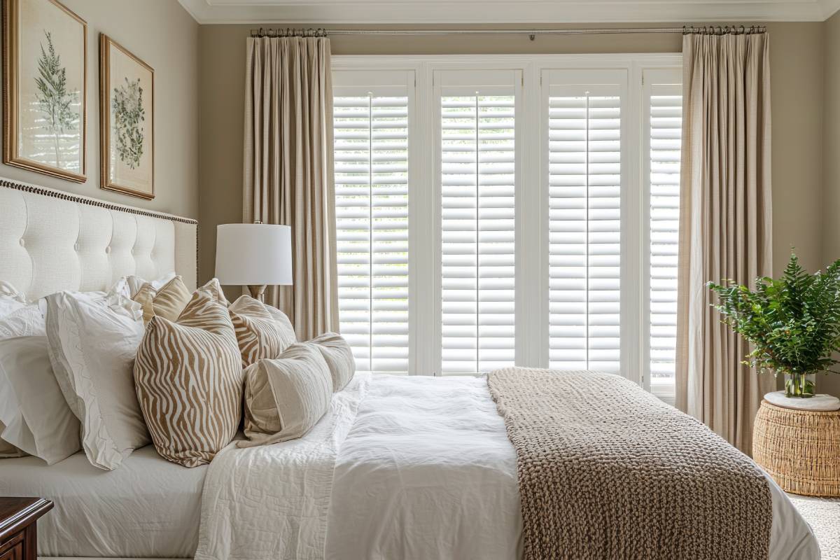 Plantation shutters covering windows in a bedroom at The Blind Guy near Spearfish, SD